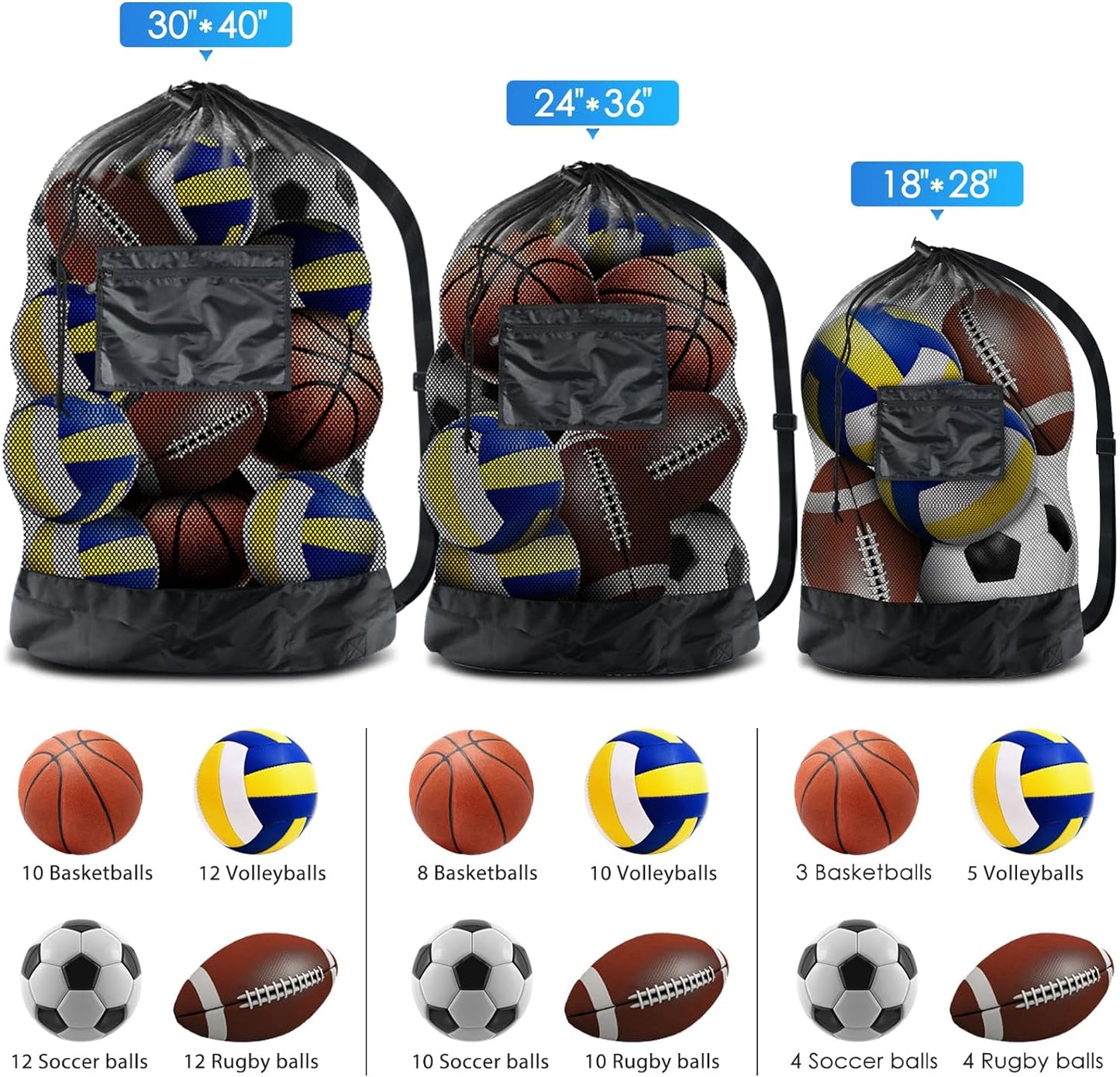 Extra Large Sports Ball Bag Mesh Socce Ball Bag Heavy Duty Drawstring Bags Team Work for Holding Basketball, Volleyball, Baseball, Swimming Gear with Shoulder Strap